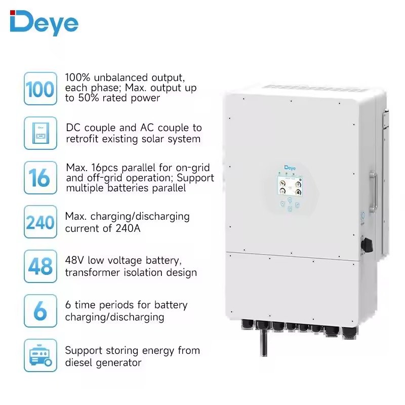 Deye Hybrid Solar Inverter 5kw 8kw 10kw SUN-8K-SG04LP3-EU pure sine wave single three Phase Investers For Solar Storage System