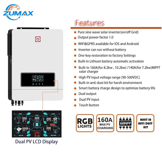 zumax single phase output on/off grid solar inverter 8200w inverter dual mppt inverter 8kw 10kw