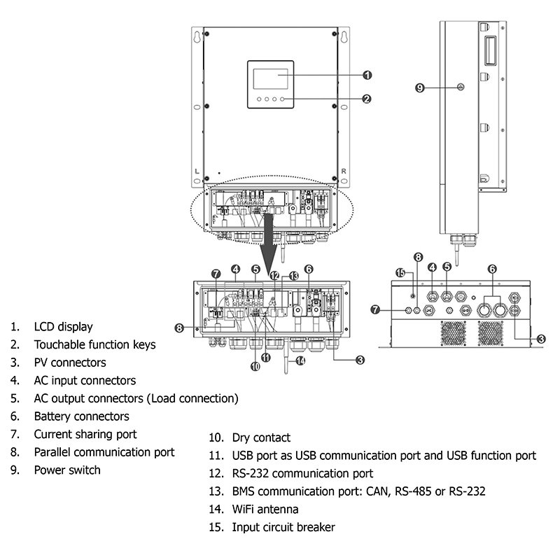 Kebos KWP TWIN 8KW 48V Dual Output IP65 Protection 8KVA 8KW Off-grid Solar Inverter With Lithium Battery Built-in Dust Cover