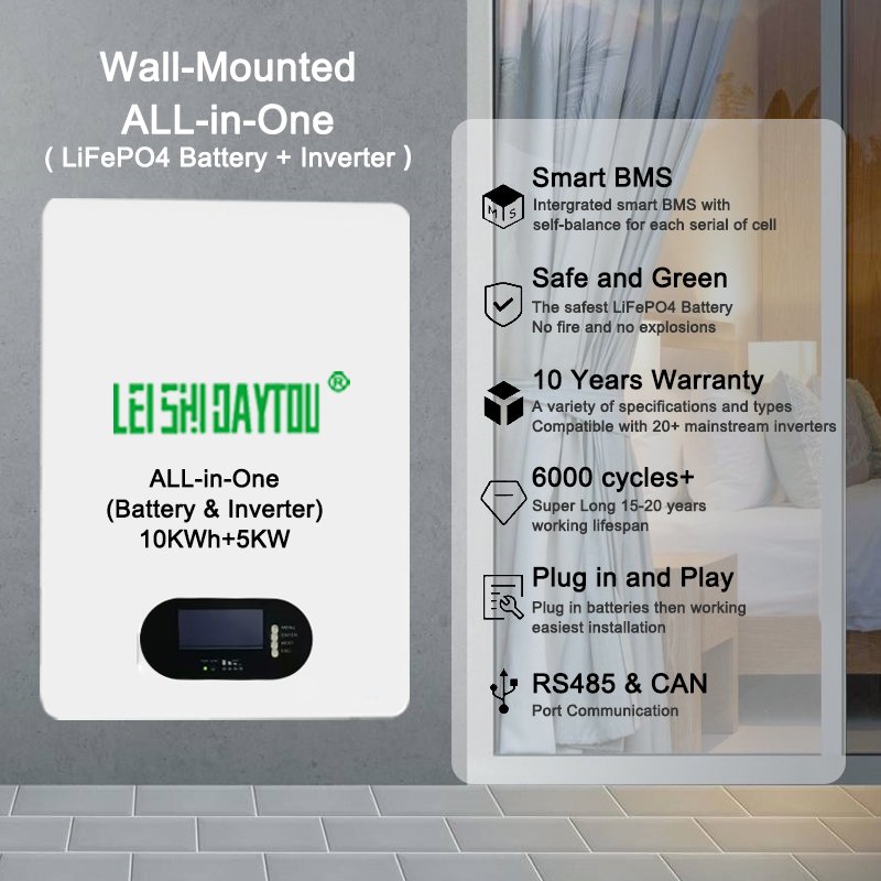 Lifepo4 Battery Inverter All-In-One Wall Mounted Household Energy Storage 48V 51.2V 200Ah 10Kwh Batteries