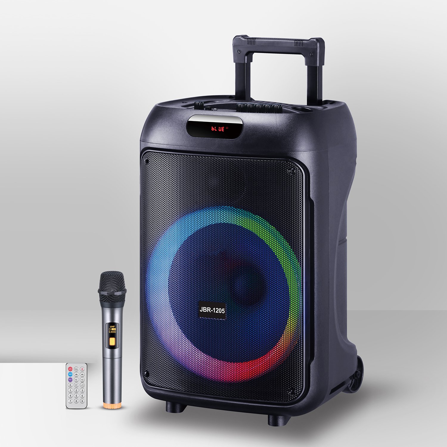 JBR-1205 12 inch wireless blue-tooth super bass karaoke speakers with mic RGB light active woofer trolley outdoor party speakers