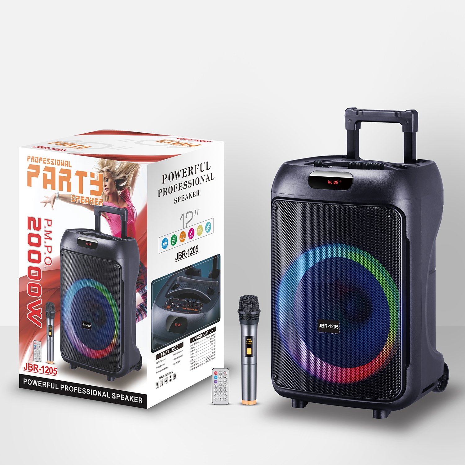 JBR-1205 12 inch wireless blue-tooth super bass karaoke speakers with mic RGB light active woofer trolley outdoor party speakers