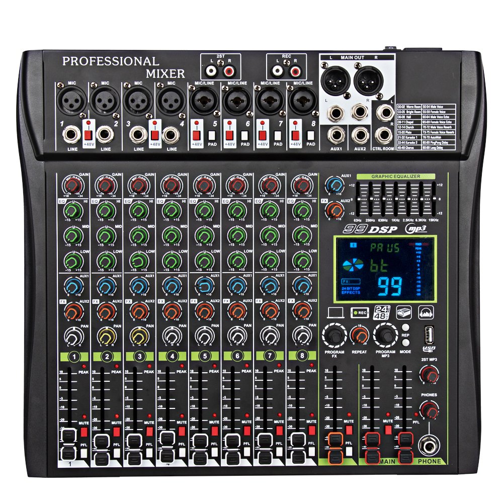 GT80S Ultra Edition,8 Channel Audio Mixer with 99DSP + MP3 Playback + 48V Phantom Power,Studio Music Recording DJ Controller