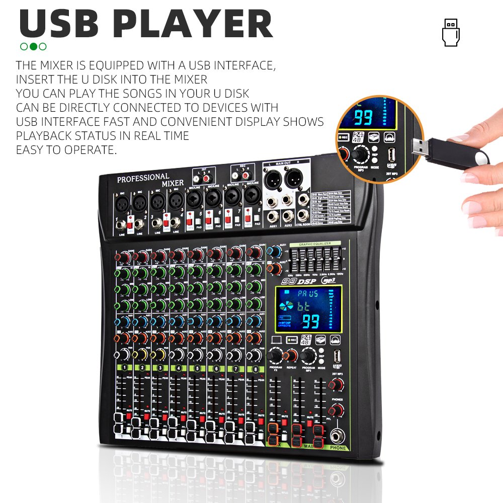 GT80S Ultra Edition,8 Channel Audio Mixer with 99DSP + MP3 Playback + 48V Phantom Power,Studio Music Recording DJ Controller