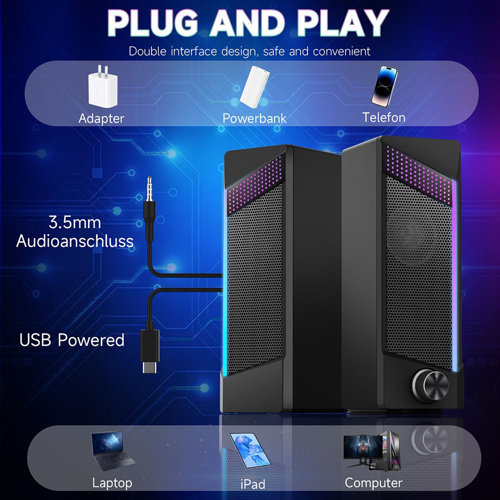 Colorful LED Digital Speaker Electronic Gadgets USB Desktop Subwoofer Laptop PC Sound Bar Wired Computer RGB Wireless Speakers