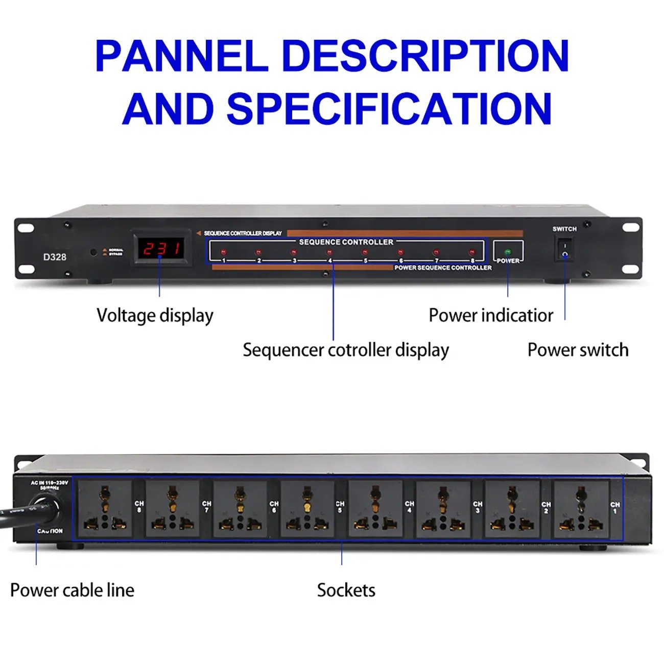 D328 8 channel DJ sound system power sequence controller with display for ktv live sound stage equipment