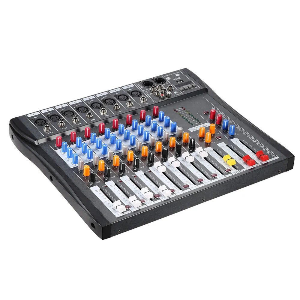 Professional 8 Channel USB Audio Sound Card Mixer DJ Mixing Console, 48V Phantom Power Monitoring Amplifier Mixer