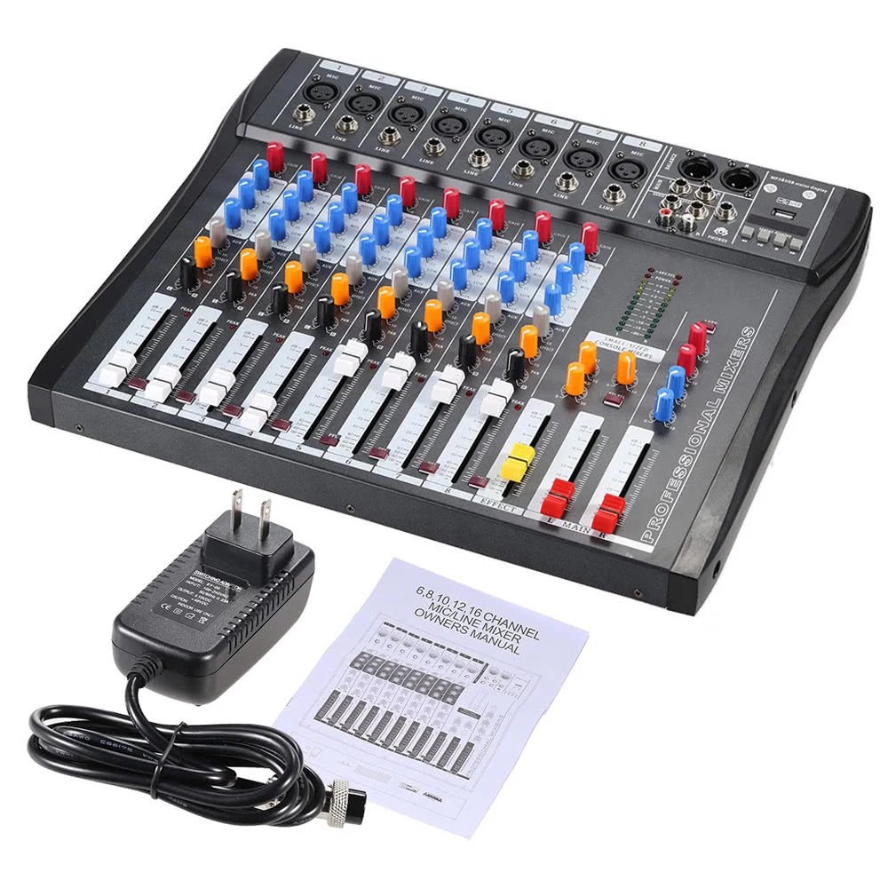 Professional 8 Channel USB Audio Sound Card Mixer DJ Mixing Console, 48V Phantom Power Monitoring Amplifier Mixer