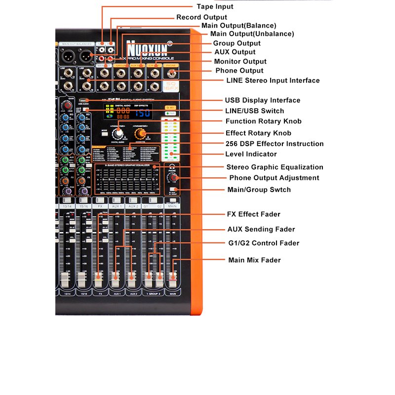 16 Channel Professional Microphone Line Mixer with USB Bluetooth Sound System Mixing Console
