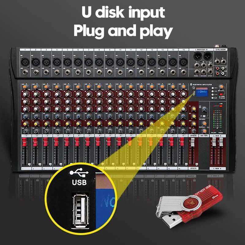 Professional 16 Channel Microphone Line Mixer Audio Sound Card Mixer with USB Bluetooth Sound System Stage Studio DJ Controller