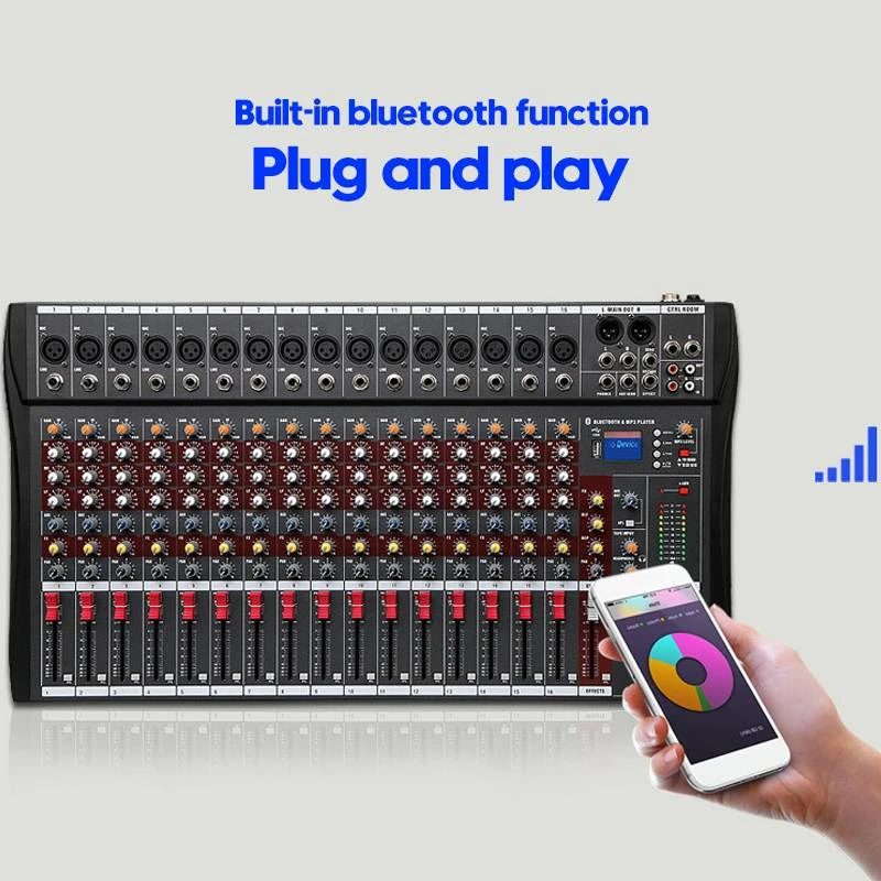 Professional 16 Channel Microphone Line Mixer Audio Sound Card Mixer with USB Bluetooth Sound System Stage Studio DJ Controller