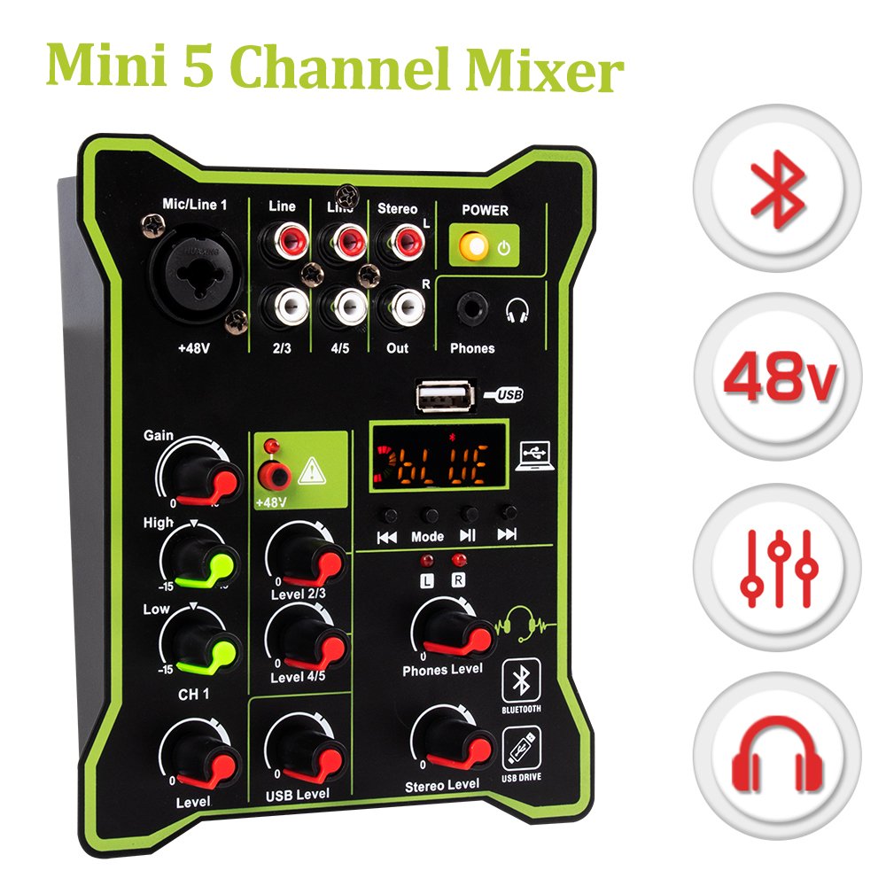 Professional Bluetooth Compatible Audio Sound Card & Mixer, Studio DJ Mixing Console, USB Record, XLR Output, 5 Channels, DC 5V
