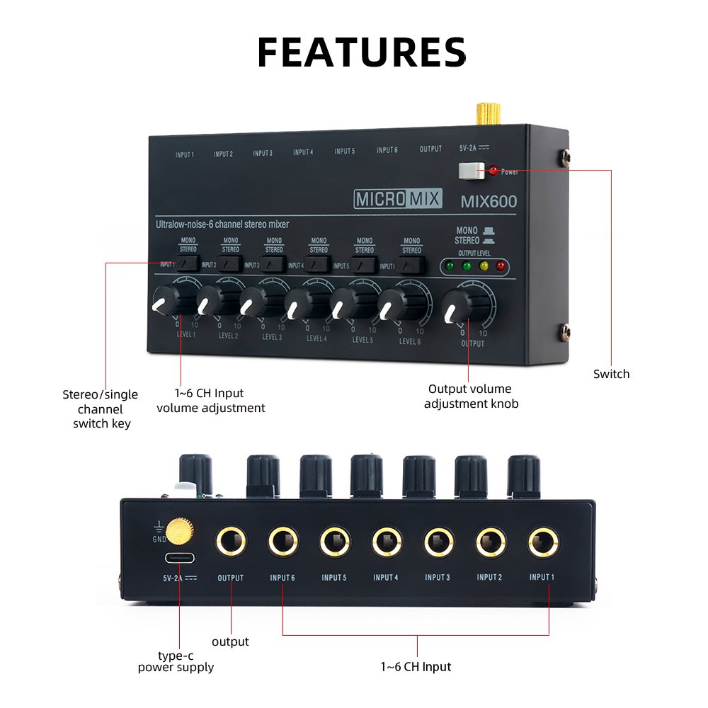 Factory 6 Channel Stereo Sound Mixer MIX600 Microfono Guitar Instrument Low Noise Line Mixer Multifunction Audio Mixer