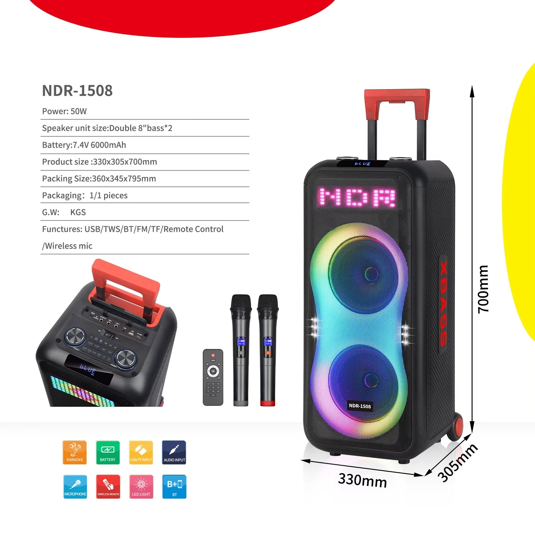 8 inch wireless blue-tooth supper bass speakers with mic RGB light active subwoofer outdoor trolley party karaoke speaker