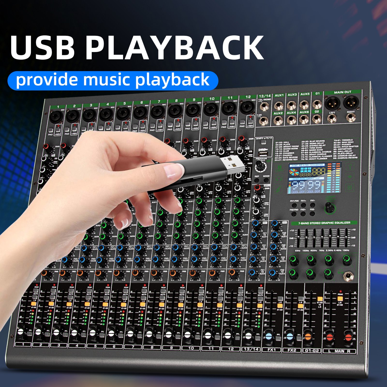 Biner Professional TG14 99-effect DSP Audio Console Mixer 14 Channel USB Interface audio Console
