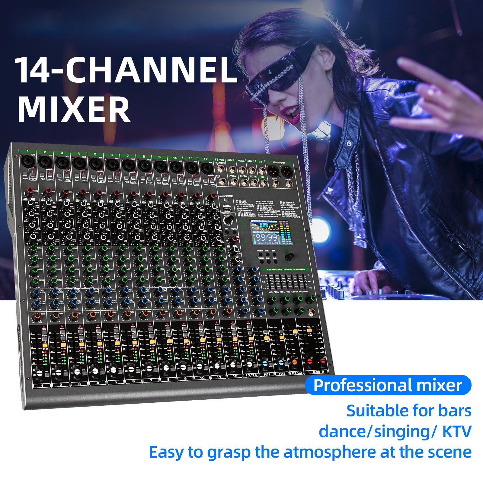 Biner Professional TG14 99-effect DSP Audio Console Mixer 14 Channel USB Interface audio Console