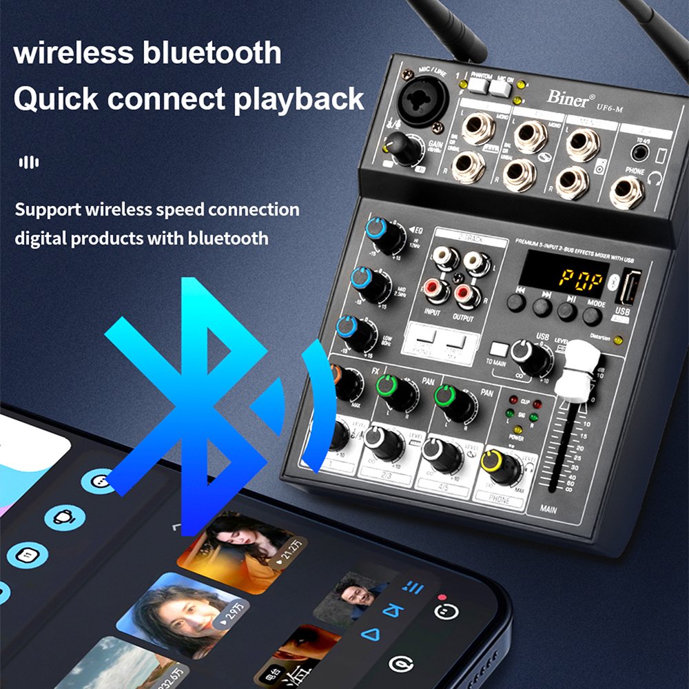 Biner UF6-M Professional Sound System Equipped with Dual Microphone 4 Channel DJ Mini Audio console usb audio mixer