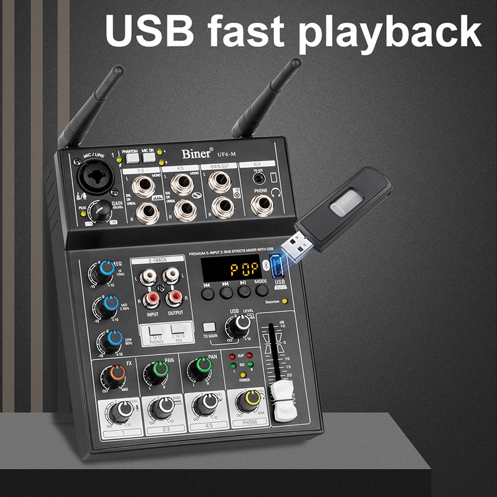Biner UF6-M Professional Sound System Equipped with Dual Microphone 4 Channel DJ Mini Audio console usb audio mixer