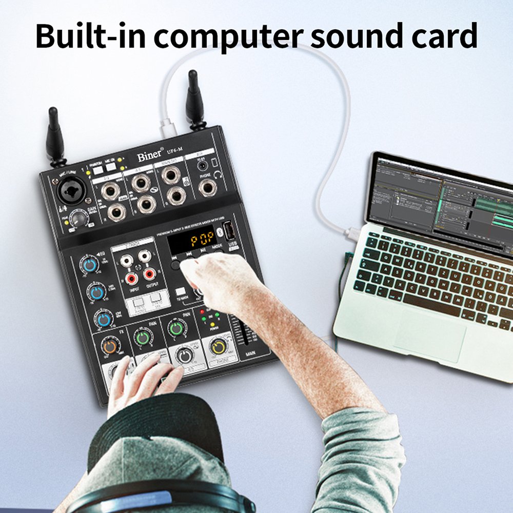 Biner UF6-M Professional Sound System Equipped with Dual Microphone 4 Channel DJ Mini Audio console usb audio mixer