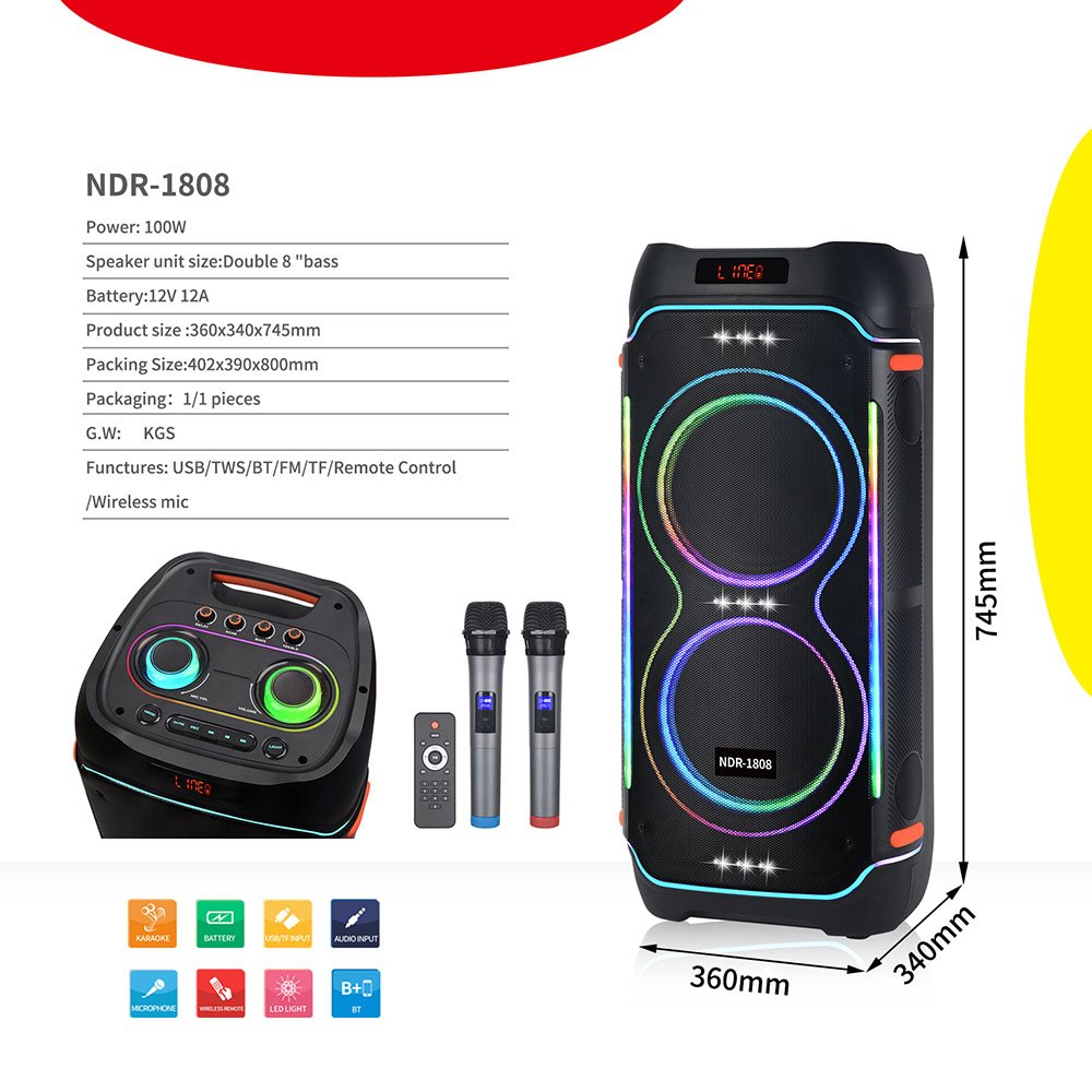 NDR-1808 Daul 8 inch Outdoor homeParty DJ supper bass 100W Karaoke Speaker with wireless Mic RGB Light subWoofer Trolley speaker