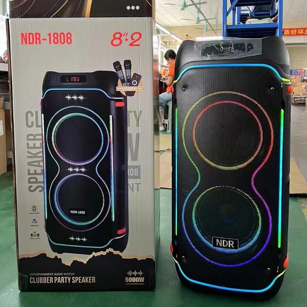 NDR-1808 Daul 8 inch Outdoor homeParty DJ supper bass 100W Karaoke Speaker with wireless Mic RGB Light subWoofer Trolley speaker