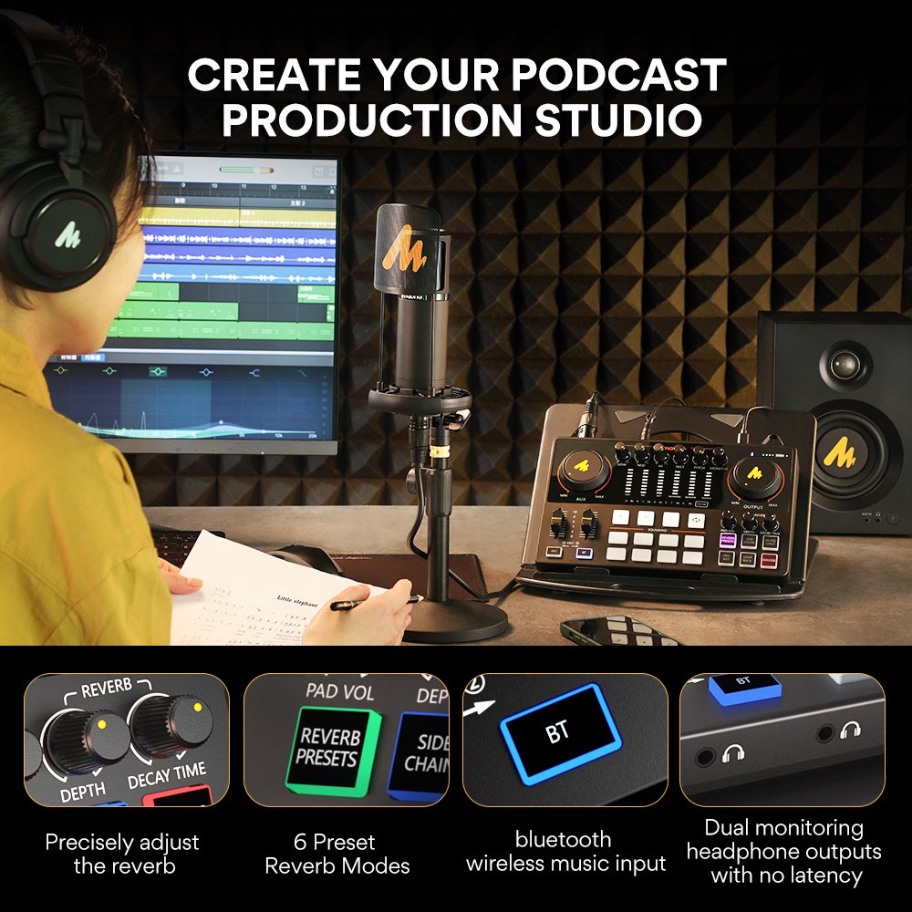 MAONO Podcast Equipment Bundle Podcast Mixers Condenser Microphones Monitor Headphone Monitor Speaker Studio Podcast Sound Cards