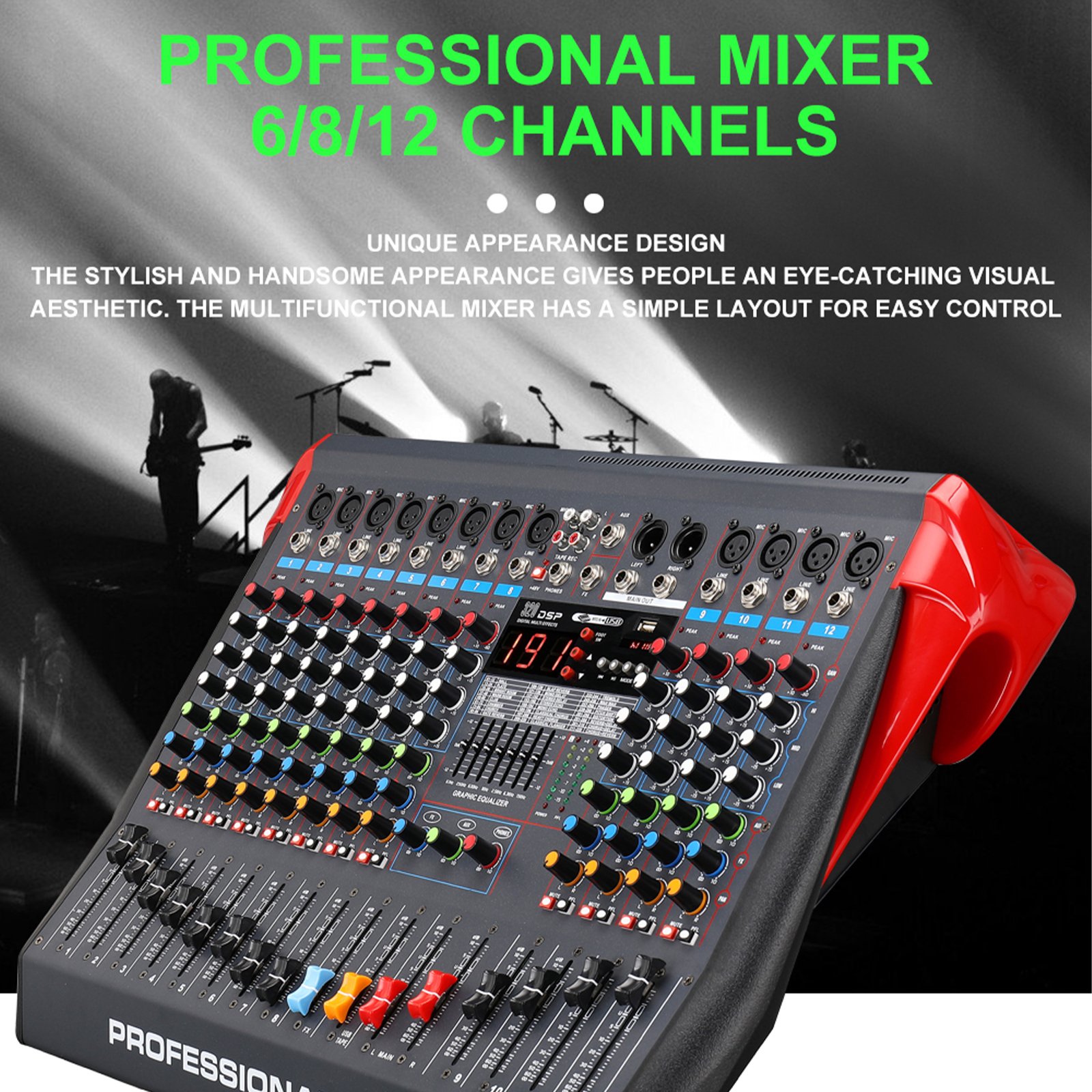 Portable desktop audio sound card mixer with USB bluetooth DSP effects 12 channel mixing console DJ mixer