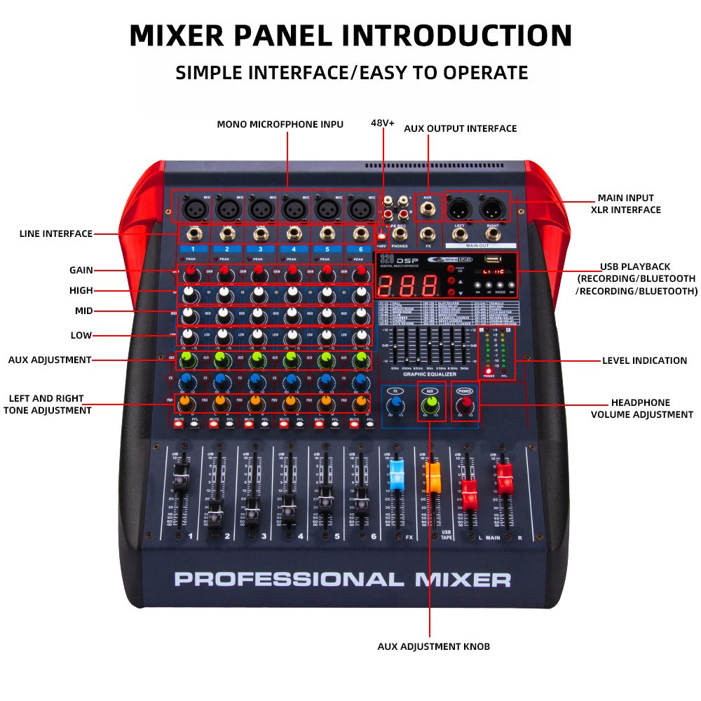 Portable desktop audio sound card mixer with USB bluetooth DSP effects 12 channel mixing console DJ mixer