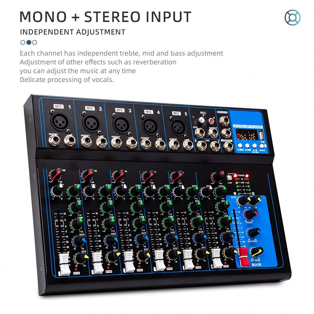 F7 7 channel small mixing console with USB function stereo sound card instrument mic line audio mixer home studio live DJ