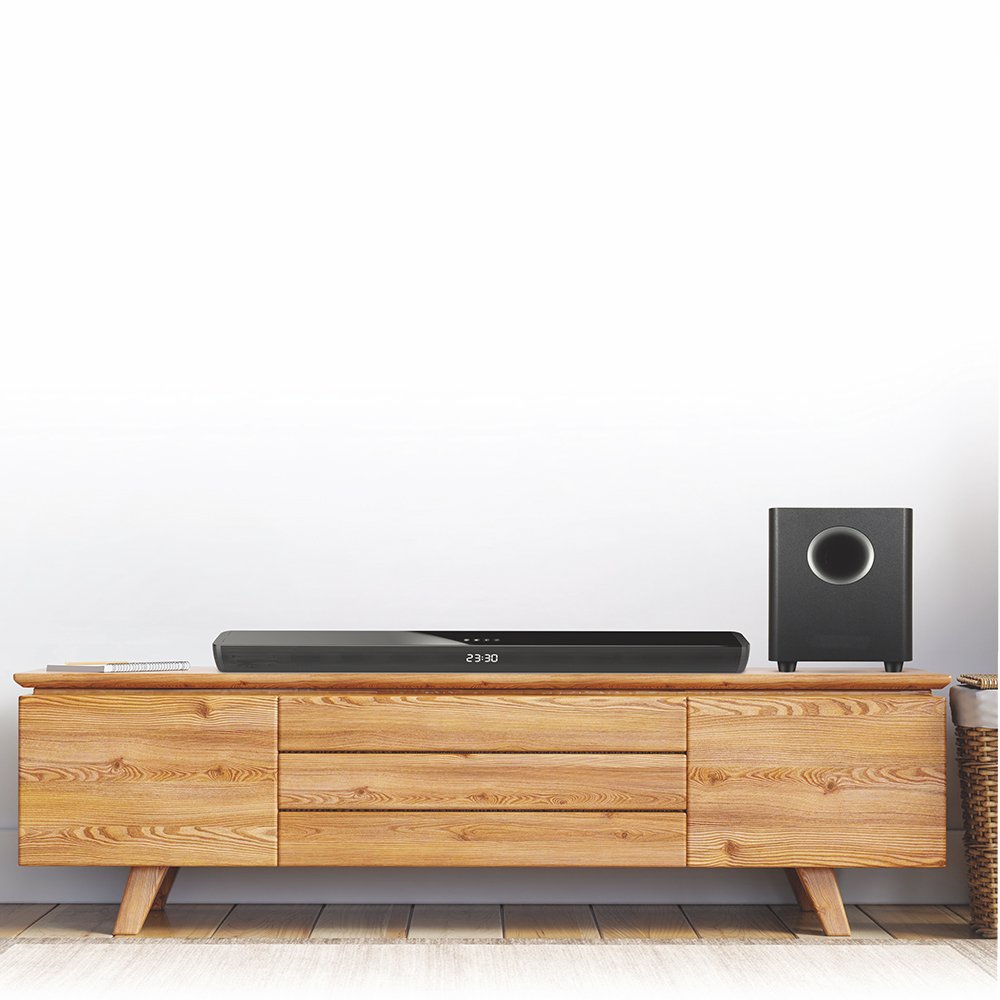 Samtronic wireless 150W home theatre System TV Soundbar speaker with wireless wooden subwoofer soundbox boombox sound bar