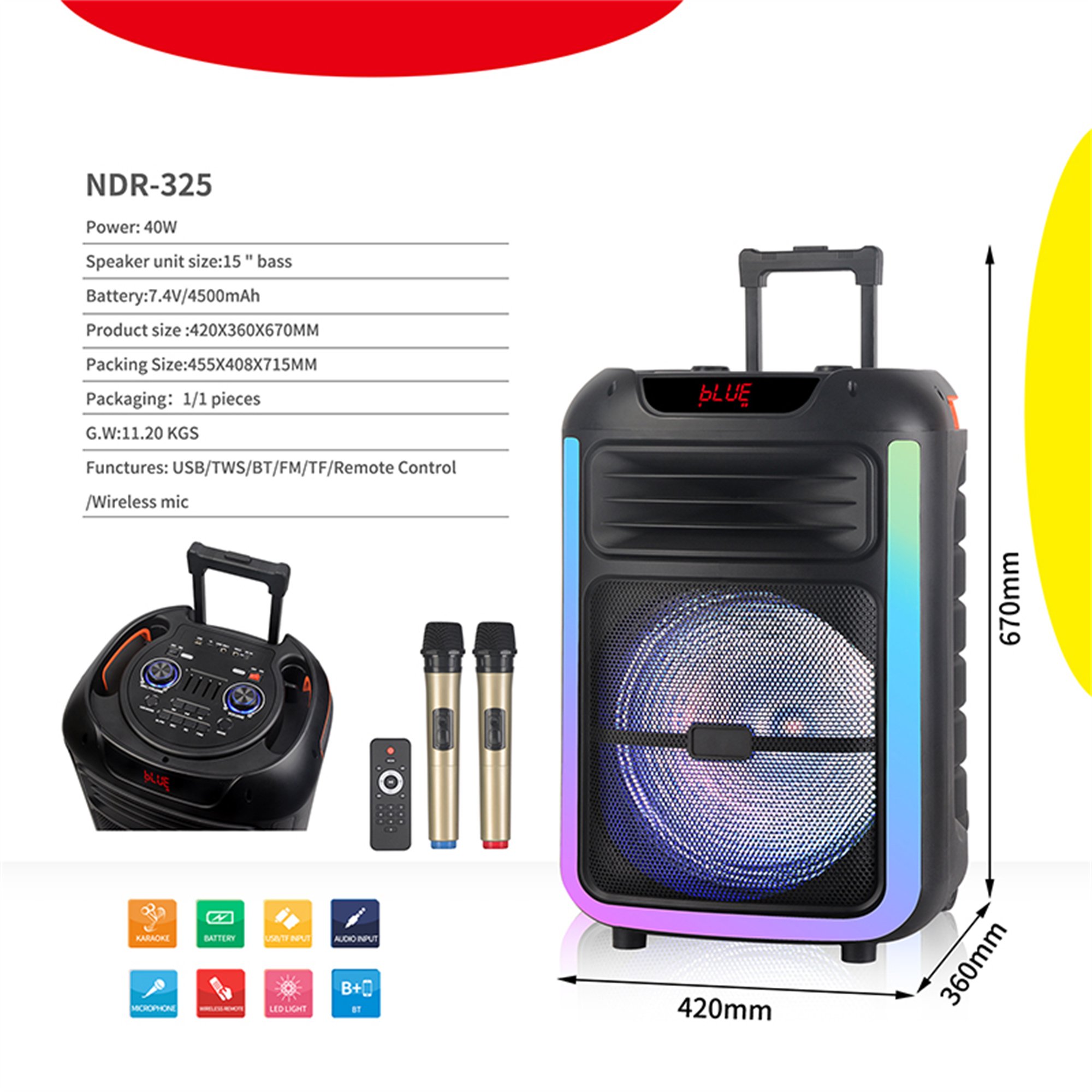 40w 4500mah High Power Trolley Speaker Sound Equipment Portable 15 Inch Outdoor Speaker