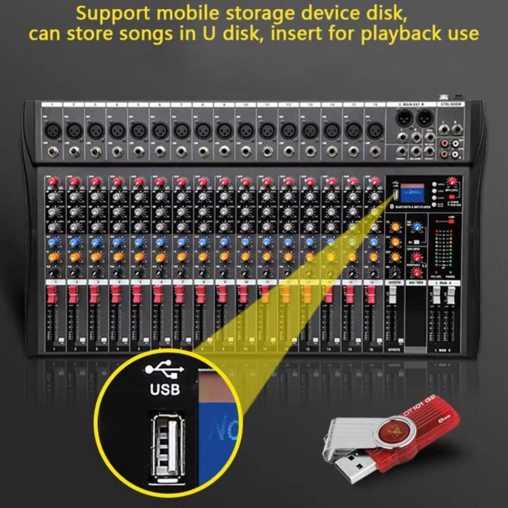 Portable DJ Controller 16 Channel Audio Console Mixer, Musical Instrument Mic Line Mixer USB, Bluetooth, MP3 +48V Phantom Power