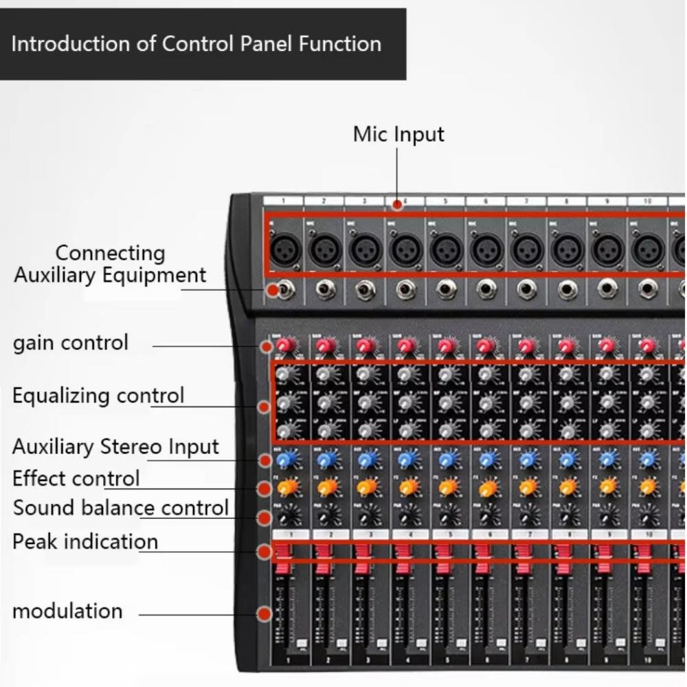 Portable DJ Controller 16 Channel Audio Console Mixer, Musical Instrument Mic Line Mixer USB, Bluetooth, MP3 +48V Phantom Power