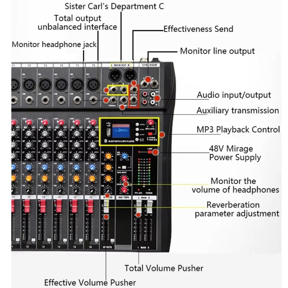 Portable DJ Controller 16 Channel Audio Console Mixer, Musical Instrument Mic Line Mixer USB, Bluetooth, MP3 +48V Phantom Power