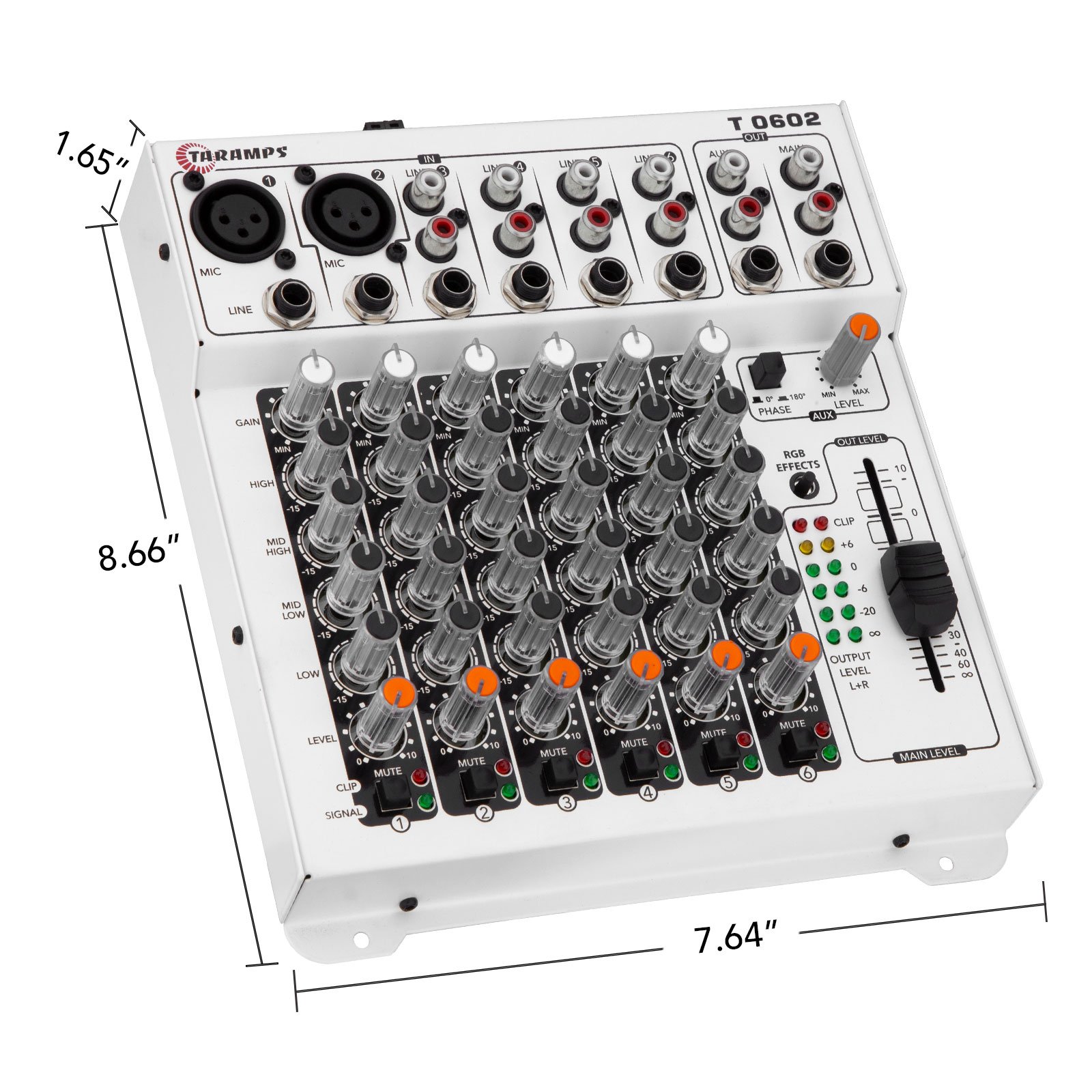 Taramps Audio Mixer T0602 Multicolor 98 RGB LED and VU Effects 4 Band Equalizer 6 Input Channels Mixing MIC Musical Instruments