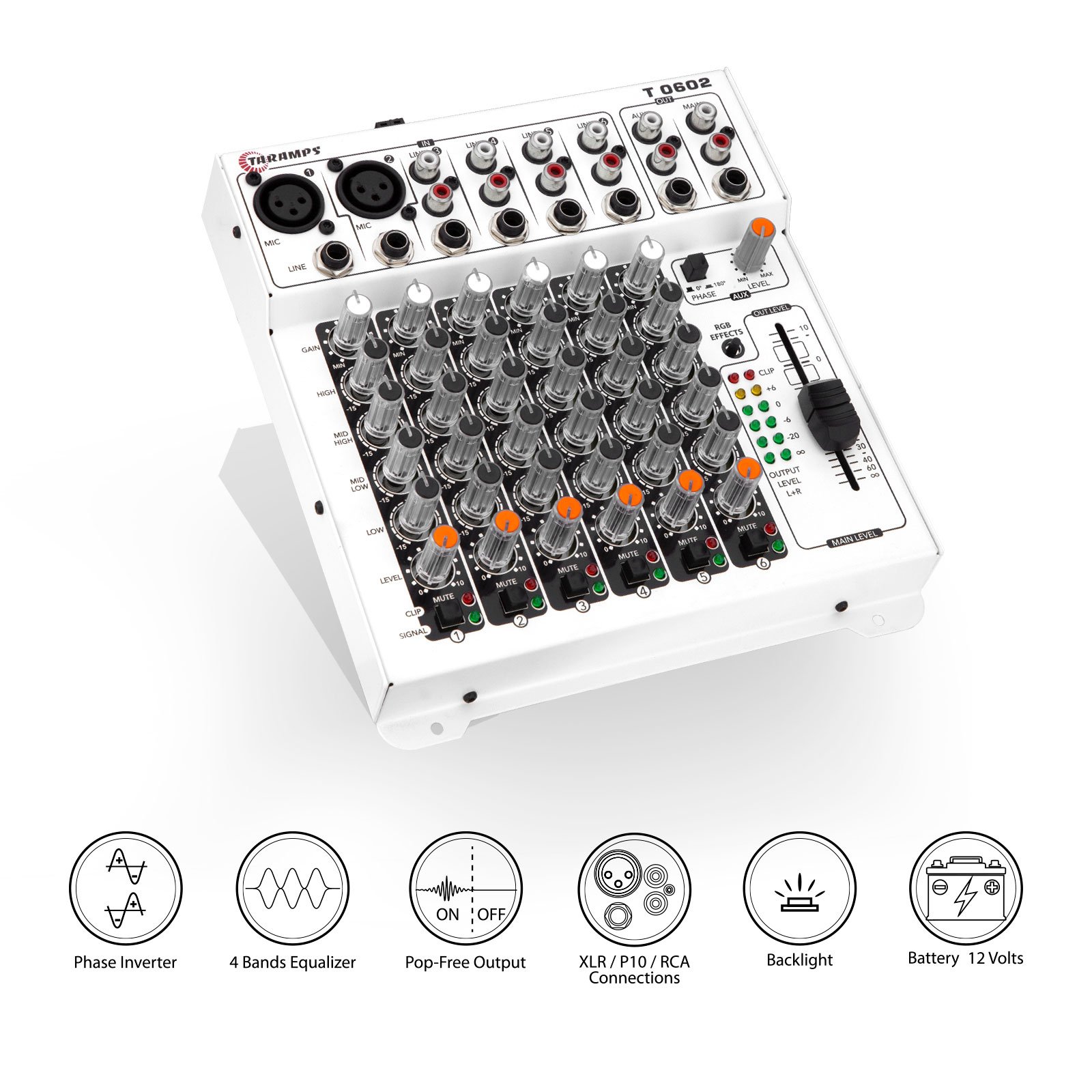 Taramps Audio Mixer T0602 Multicolor 98 RGB LED and VU Effects 4 Band Equalizer 6 Input Channels Mixing MIC Musical Instruments
