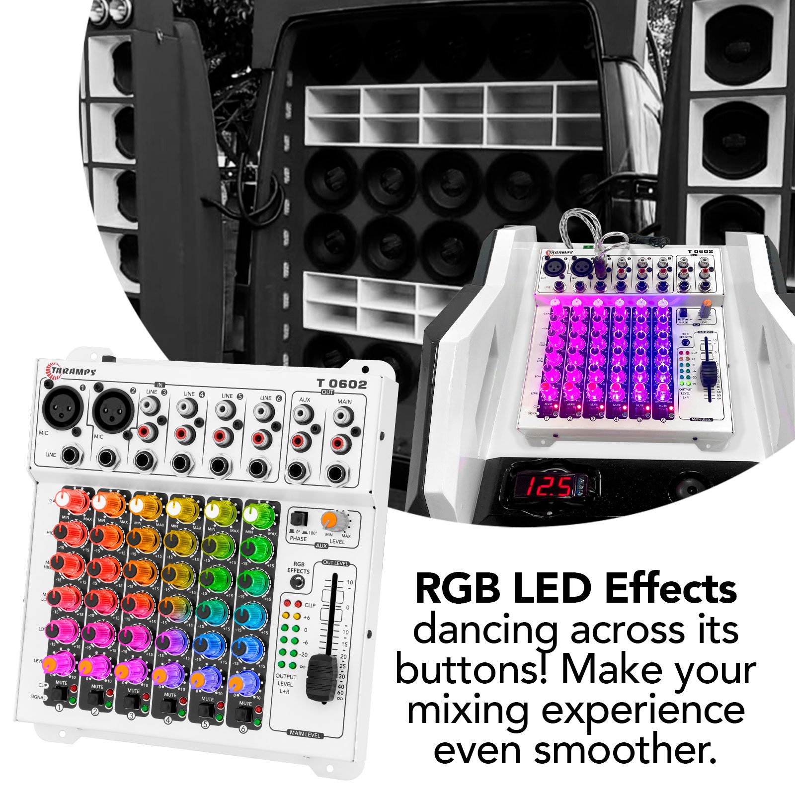 Taramps Audio Mixer T0602 Multicolor 98 RGB LED and VU Effects 4 Band Equalizer 6 Input Channels Mixing MIC Musical Instruments