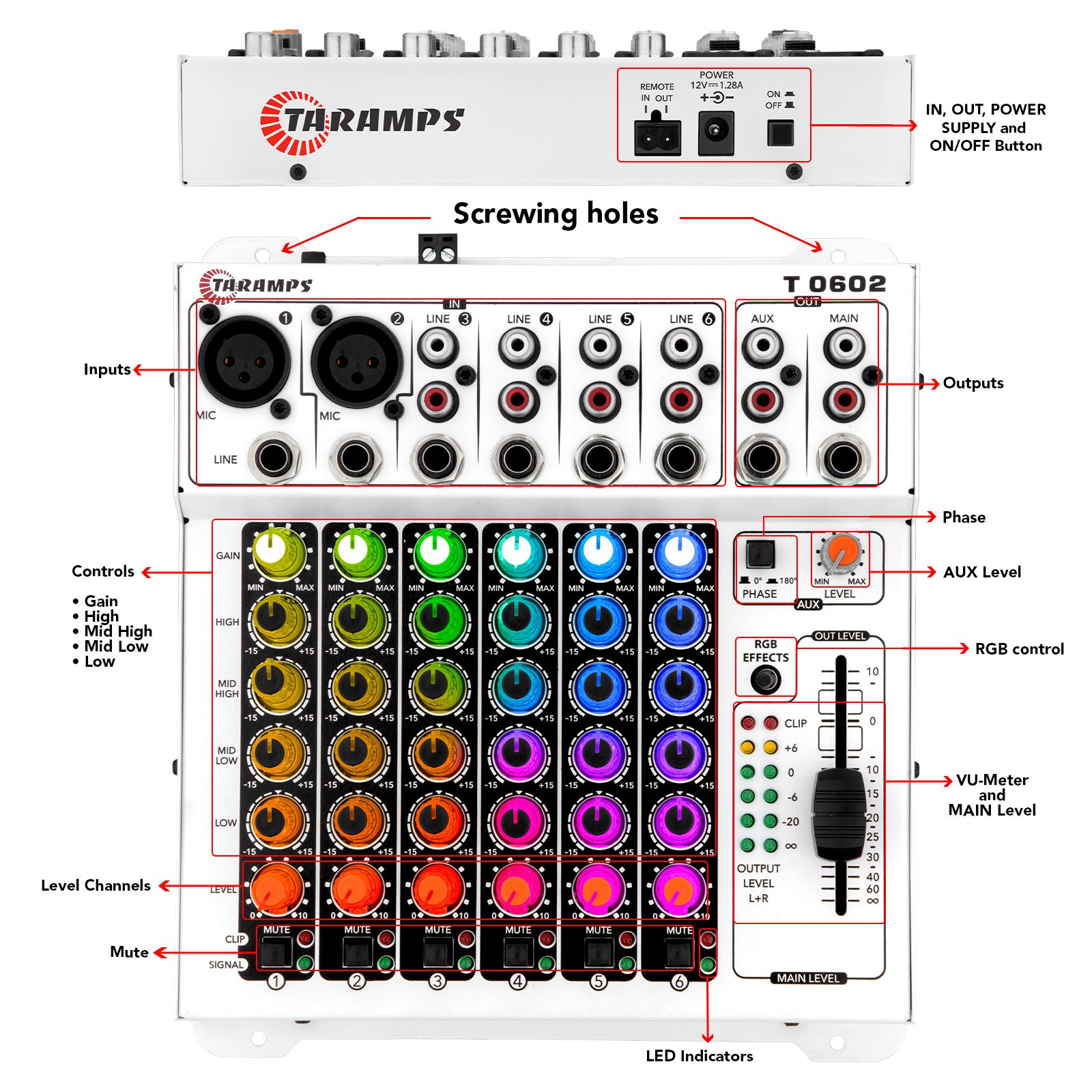 Taramps Audio Mixer T0602 Multicolor 98 RGB LED and VU Effects 4 Band Equalizer 6 Input Channels Mixing MIC Musical Instruments