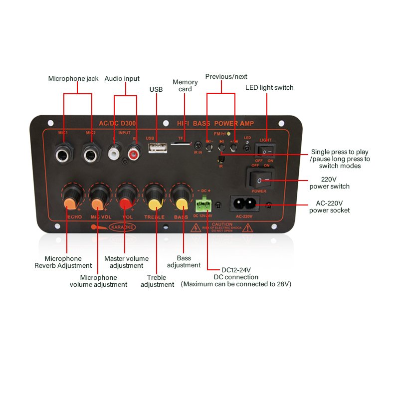 300W Blue Tooth Audio Amplifier Board D100 Subwoofer Dual Microphone AMP Module 12V 24V 220V Medie Player