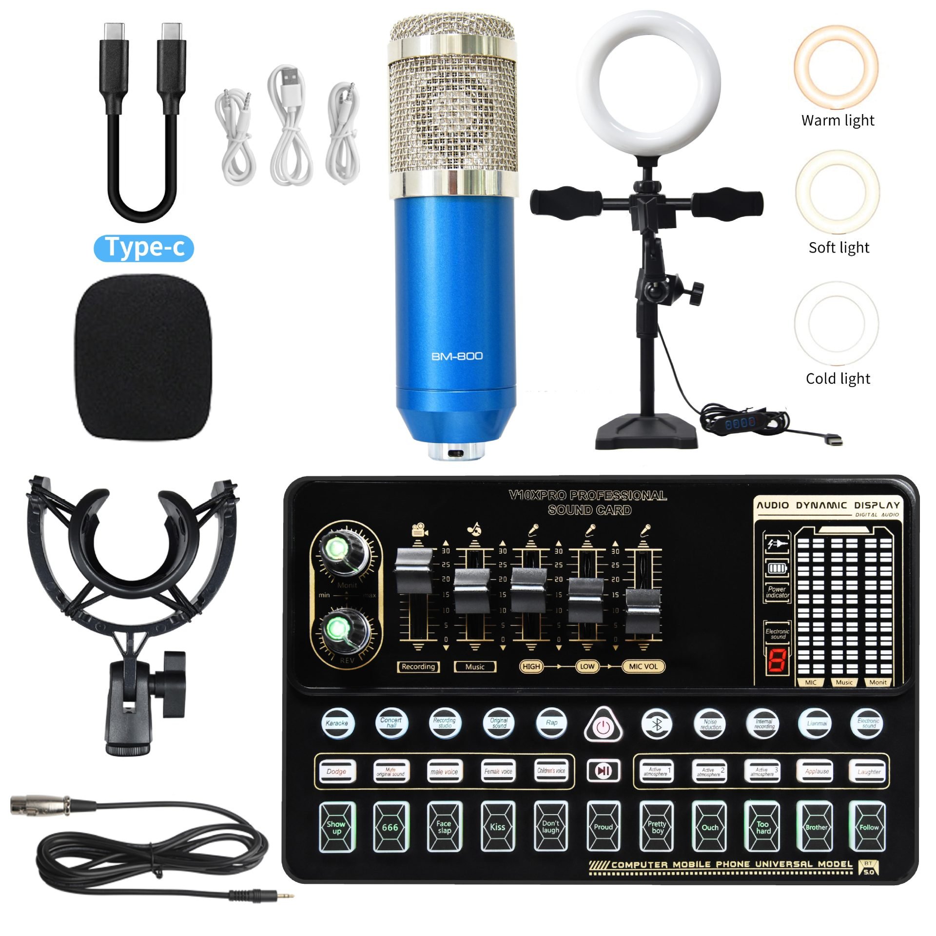 BM800 Microphone Computer Mobile Phone Sound Card Live Broadcast Equipment Recording Set/professional Mic Sound Card Kit 5V