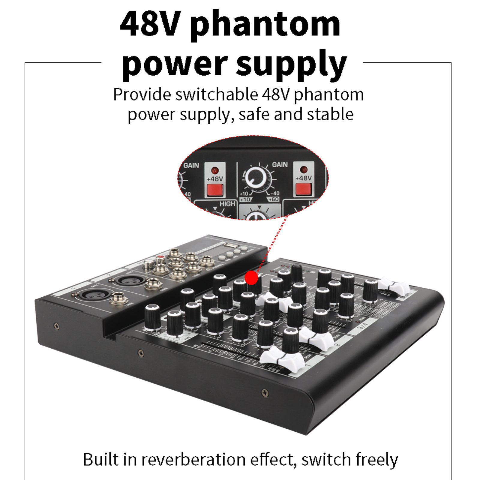 Professional Sound Card Audio Mixer Sound Board Console Desk System Interface 4 Channel USB BT +48V Power Stereo digital mixer