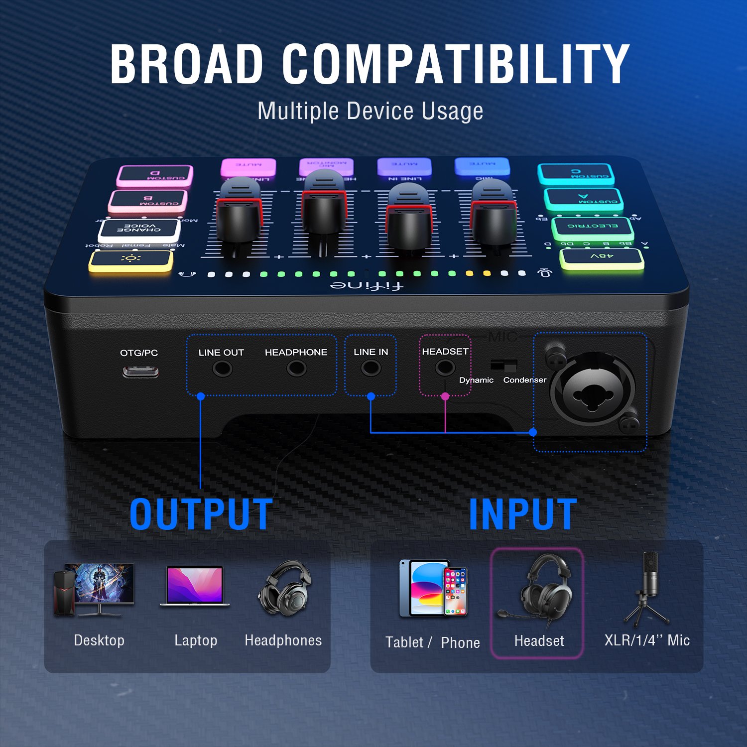 Fifine Podcasting Equipment 48V Sound Cards Live Stream Gaming Soundcard Microphone Live Broadcast Mic Audio Mixer Sound card