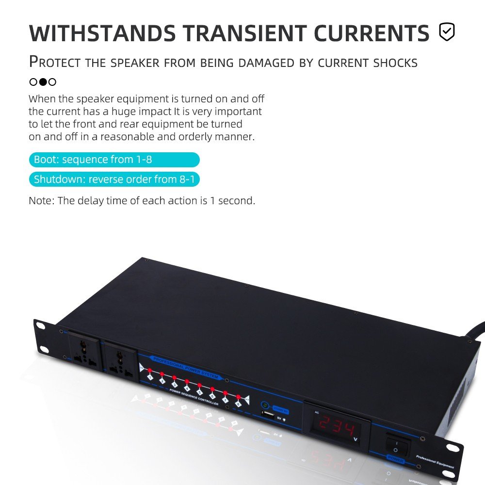 8 Channel Power Sequencer Controller Power Supply Sound Equipment Amp Line Array Speakers Stage Meeting Audio with LED Display