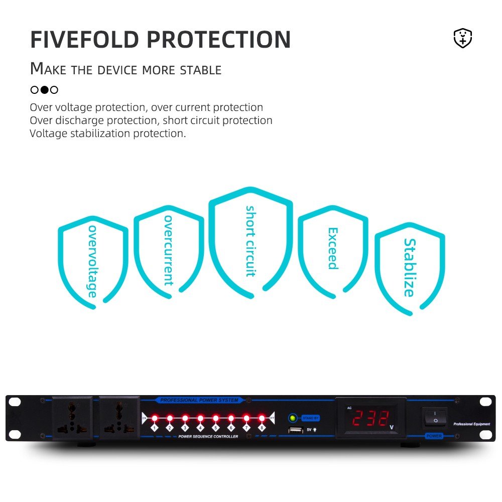 8 Channel Power Sequencer Controller Power Supply Sound Equipment Amp Line Array Speakers Stage Meeting Audio with LED Display