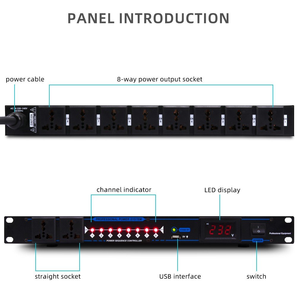 8 Channel Power Sequencer Controller Power Supply Sound Equipment Amp Line Array Speakers Stage Meeting Audio with LED Display