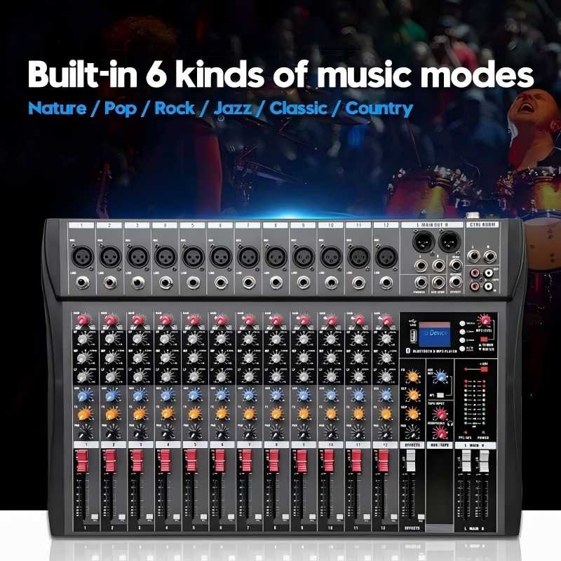 CT120 Professional 12 Channel Microphone Mixer with USB Bluetooth Sound System Mixing Console Mini Audio Sound Card & Mixer