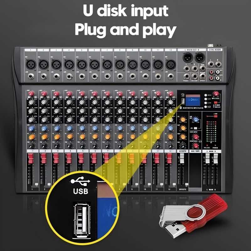 CT120 Professional 12 Channel Microphone Mixer with USB Bluetooth Sound System Mixing Console Mini Audio Sound Card & Mixer