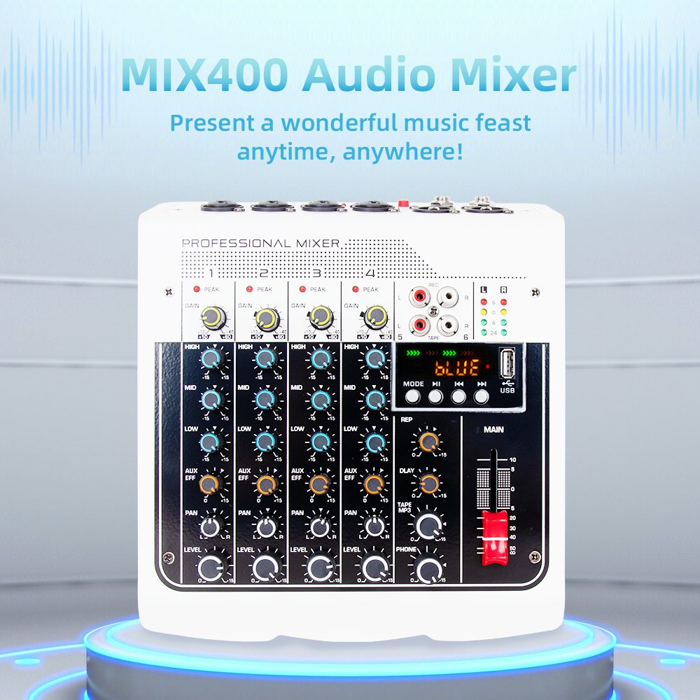 Professional 4 Channel Mini Sound Card Audio Mixer, Karaoke Home Stage DJ Controller/Audio Console Mixer, +48V, USB, Bluetooth