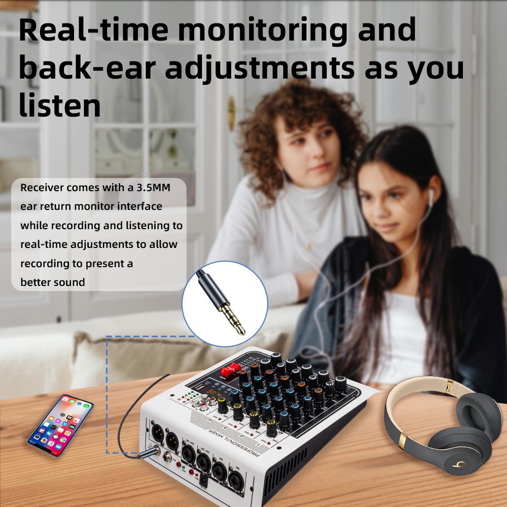 Professional 4 Channel Mini Sound Card Audio Mixer, Karaoke Home Stage DJ Controller/Audio Console Mixer, +48V, USB, Bluetooth
