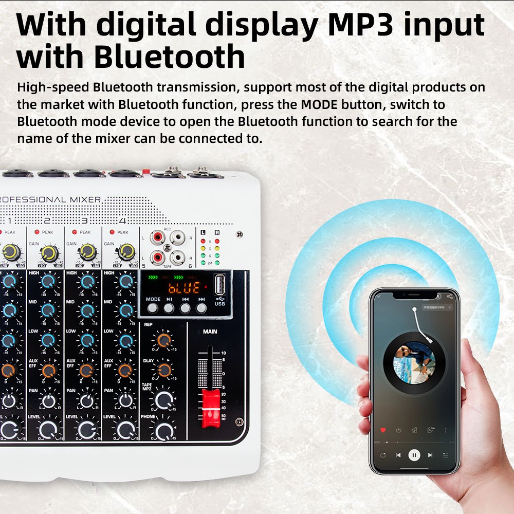 Professional 4 Channel Mini Sound Card Audio Mixer, Karaoke Home Stage DJ Controller/Audio Console Mixer, +48V, USB, Bluetooth
